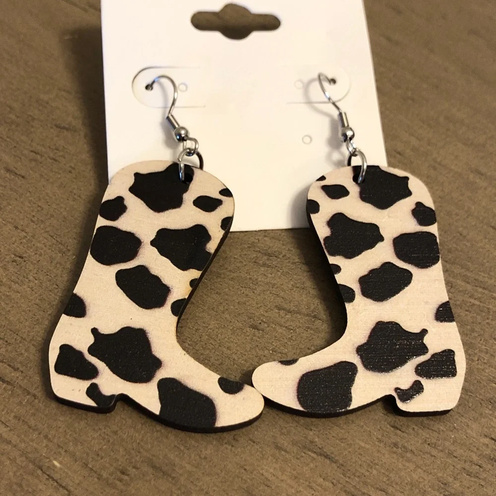 Jewelry - Wooden Cow Print Boot Fashion Jewelry Earrings